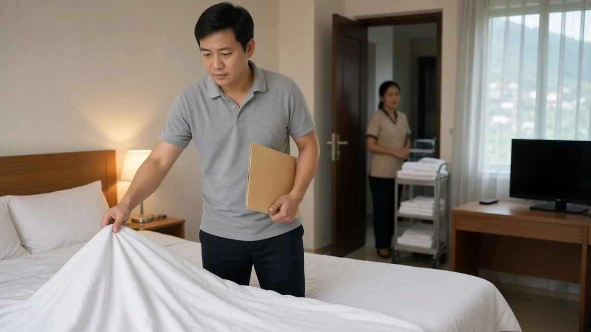 Trưởng ca kiểm tra giường sau dọn phòng, nhân viên buồng phòng chờ ở cửa với xe đẩy đồ vệ sinh.