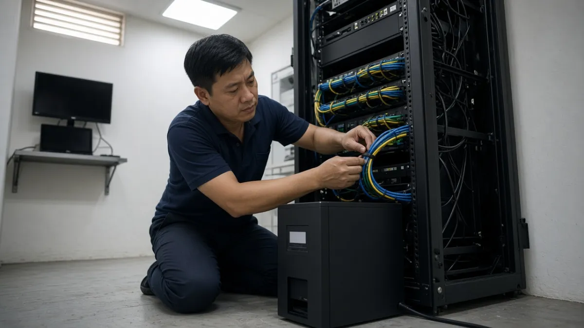 Kỹ thuật viên kiểm tra tủ mạng và UPS trong phòng hạ tầng khách sạn, gợi ý độ ổn định cho PMS trên cloud.
