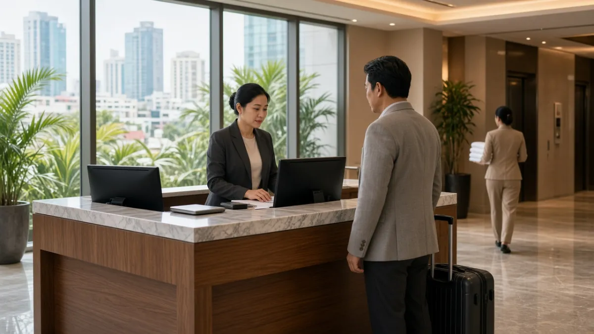 Lễ tân khách sạn cao cấp tại TP.HCM hỗ trợ khách check-in, thể hiện vận hành toàn diện như OPERA PMS.