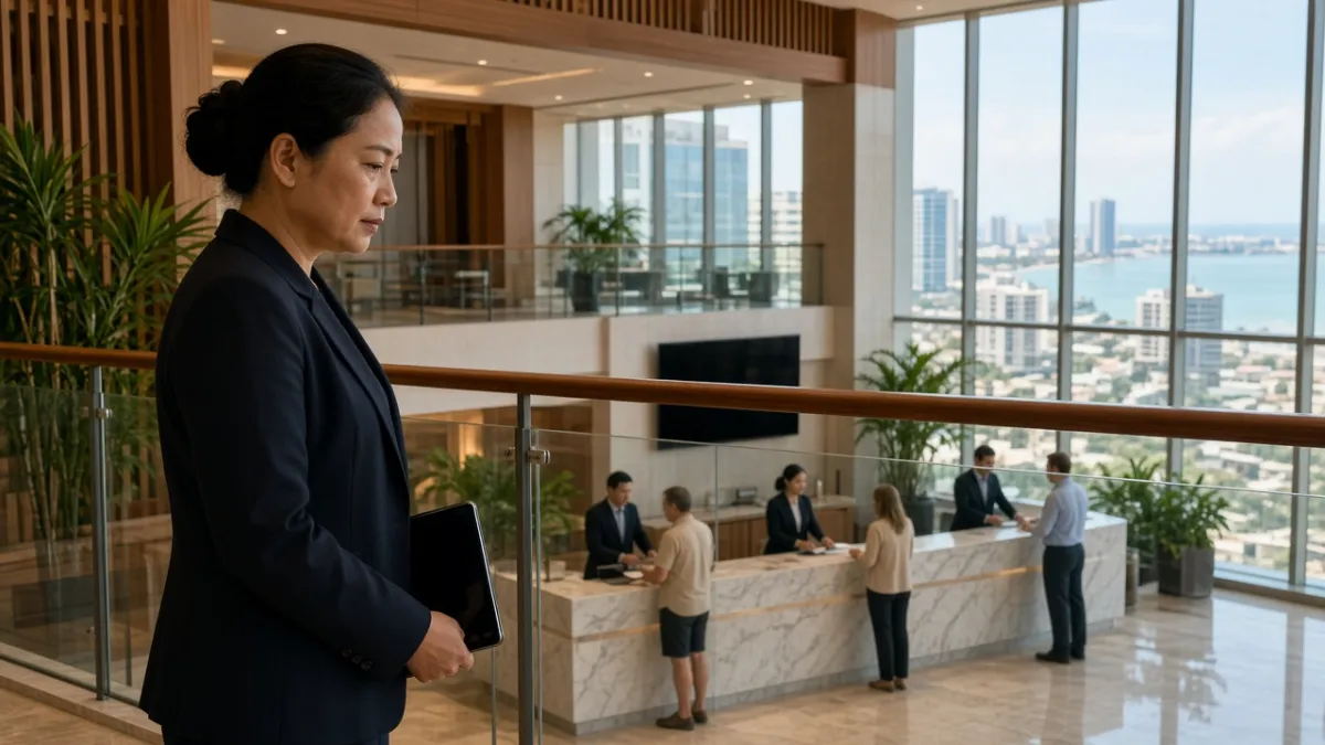 Quản lý khách sạn Việt Nam trên tầng lửng quan sát sảnh lễ tân hiện đại ở Đà Nẵng, thể hiện vận hành chuyên nghiệp.
