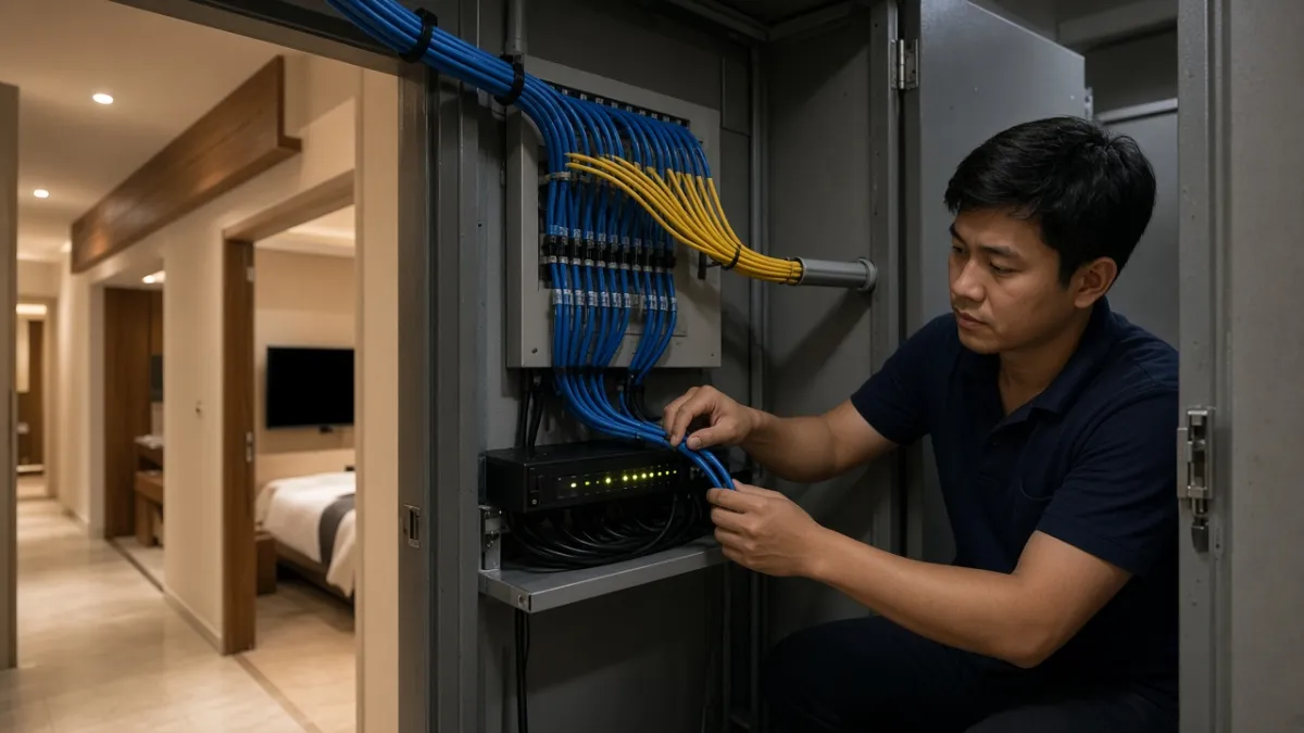 Kỹ thuật viên kiểm tra tủ mạng khách sạn, dây cáp tách hai nhánh nối lễ tân và TV phòng khách.