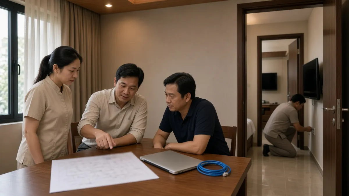 Ba bên họp tại khách sạn, phía sau nhân viên kiểm tra hai TV trong phòng thử trước triển khai.