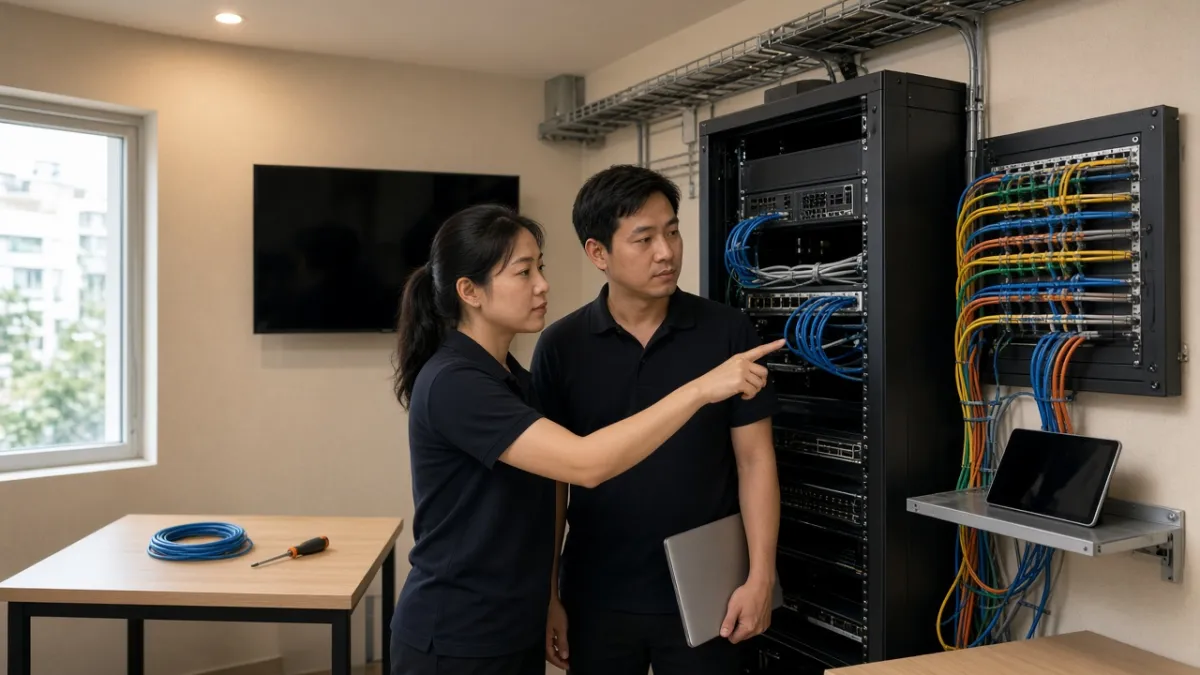 Kỹ thuật viên khách sạn rà soát tủ mạng và TV khi lên kế hoạch tích hợp lại Opera Cloud.
