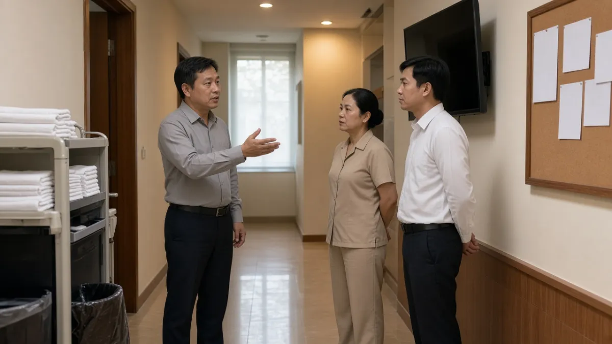 Giám đốc vận hành khách sạn trao đổi với nhân viên buồng phòng và lễ tân tại hành lang khu vực nội bộ.