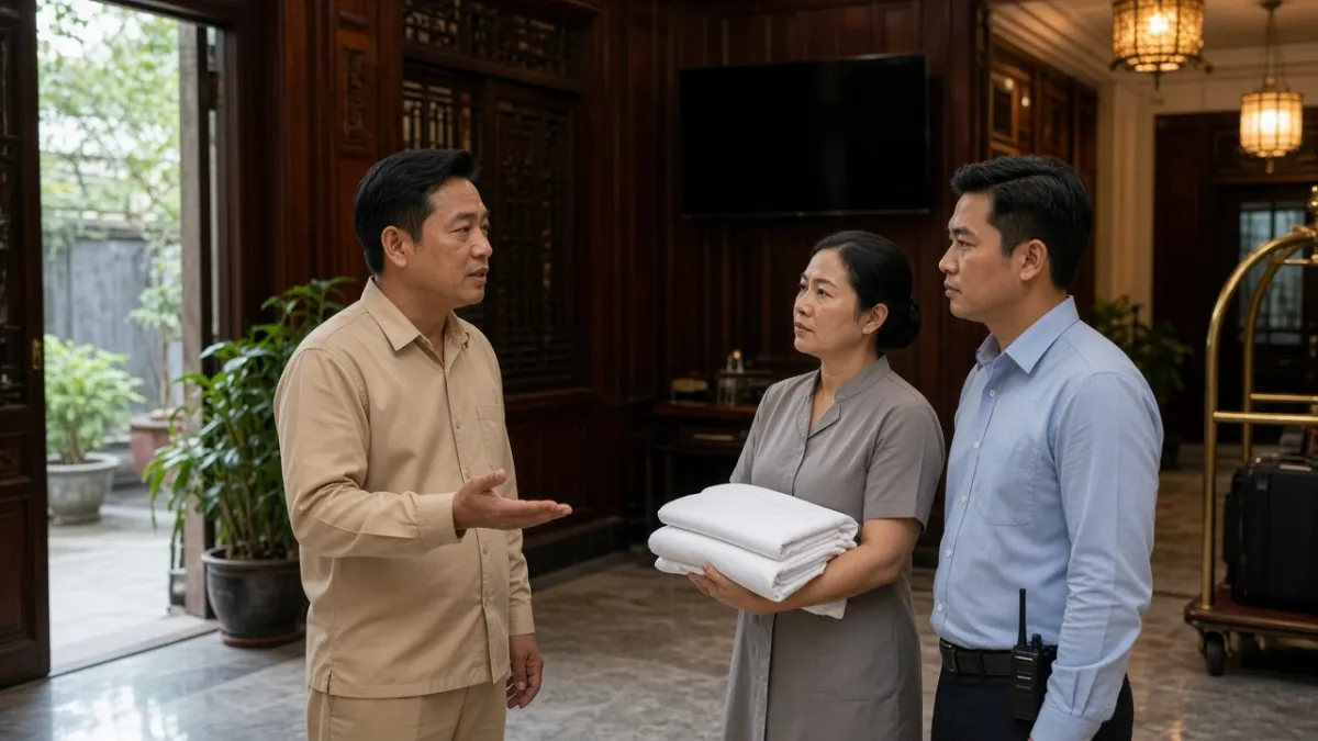 Giám đốc vận hành khách sạn trao đổi cùng nhân viên buồng phòng và điều phối trong hành lang nội bộ.