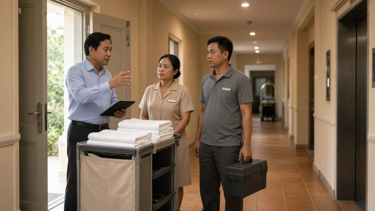 Quản lý vận hành trao đổi với buồng phòng và kỹ thuật trong hành lang phục vụ khách sạn.