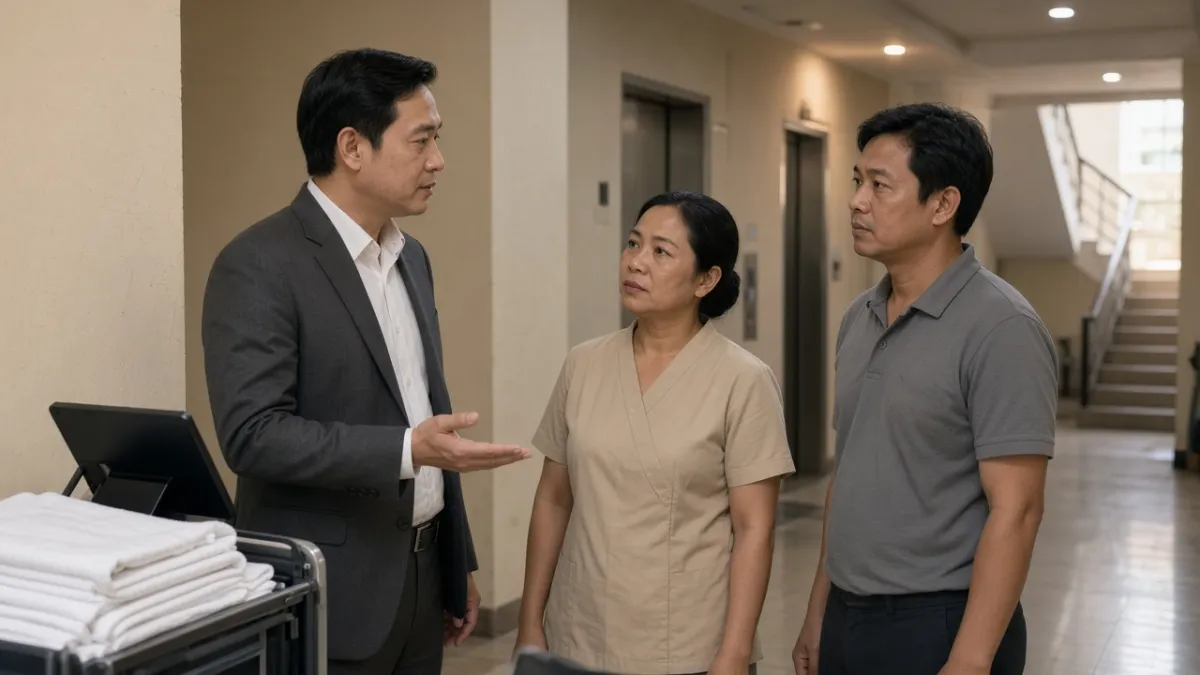 Quản lý vận hành trao đổi với buồng phòng và kỹ thuật trong hành lang hậu cần khách sạn, điều phối vận hành.