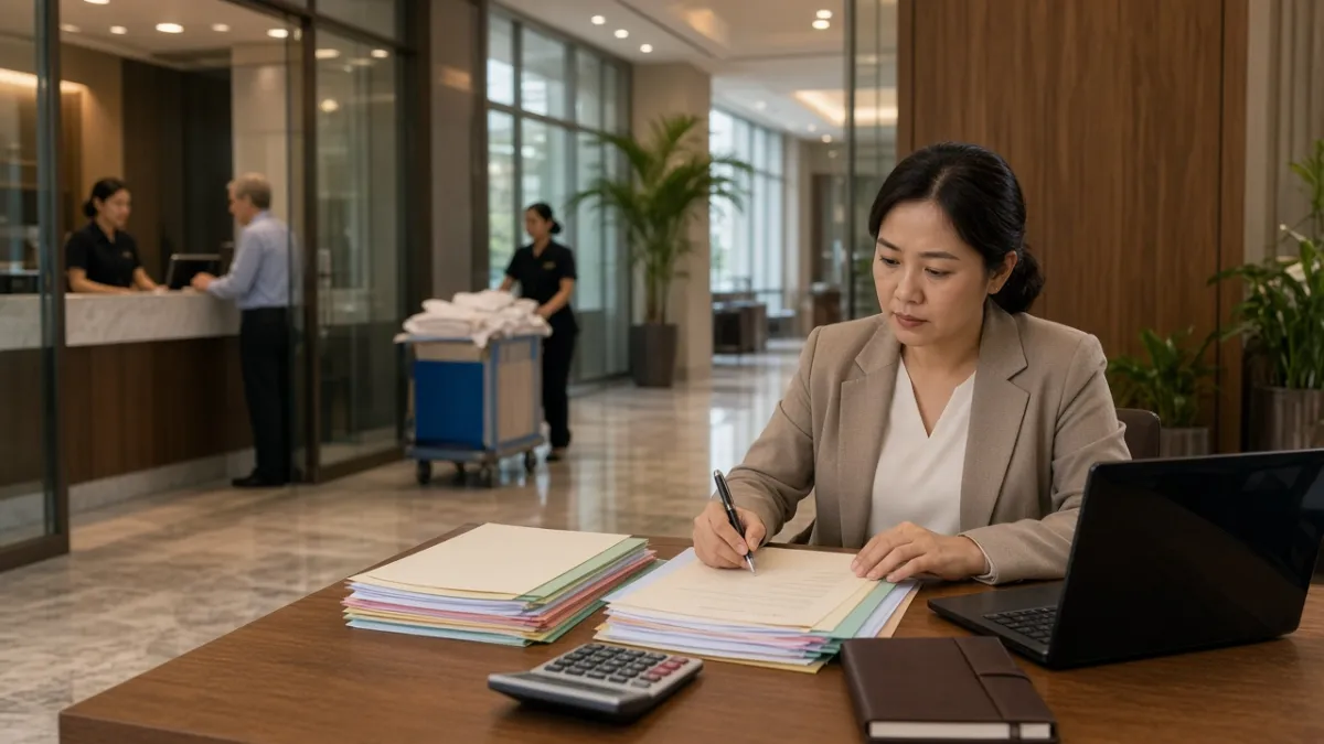 Nhân viên kế toán khách sạn phân loại hồ sơ doanh thu theo nguồn, phía sau thấy lễ tân và buồng phòng.