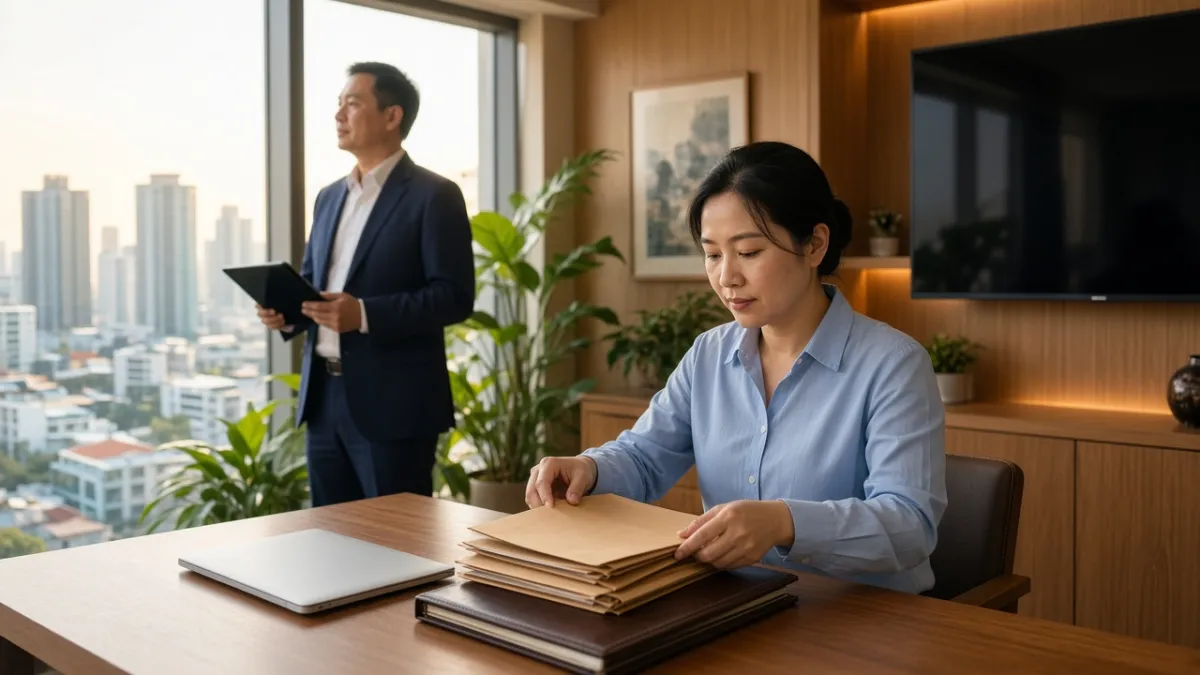 Nhân viên kế toán sắp xếp hồ sơ tại phòng tài chính khách sạn, giám đốc theo dõi tình hình từ cửa sổ.