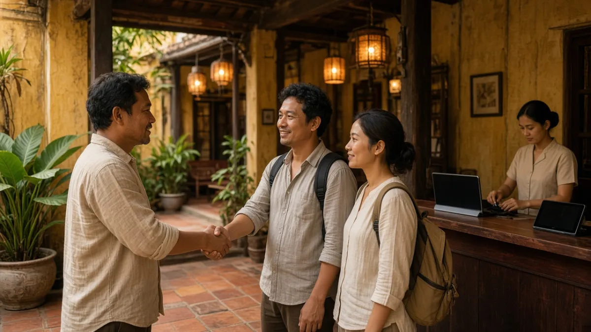 Chủ khách sạn bắt tay chào đón khách tại quầy lễ tân gỗ, thể hiện trải nghiệm và kênh đặt phòng trực tiếp.