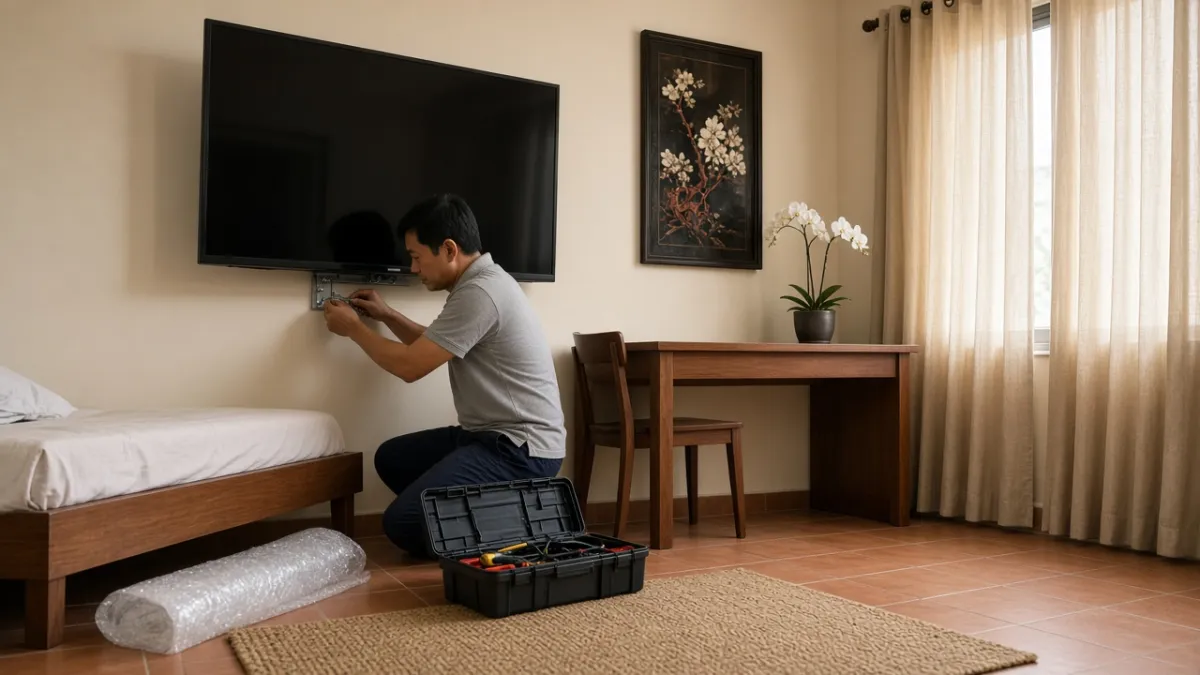 Kỹ thuật viên hoàn tất lắp TV treo tường trong phòng khách sạn vừa nâng cấp, gợi ý chọn TV chuyên dụng giảm bảo trì.