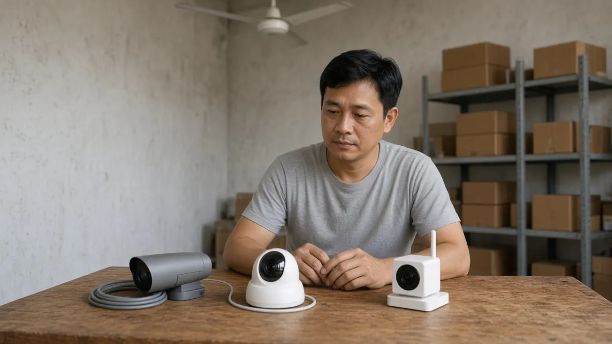 Kỹ thuật viên xem xét ba loại camera analog, IP và wifi trên bàn làm việc để chọn giải pháp phù hợp.