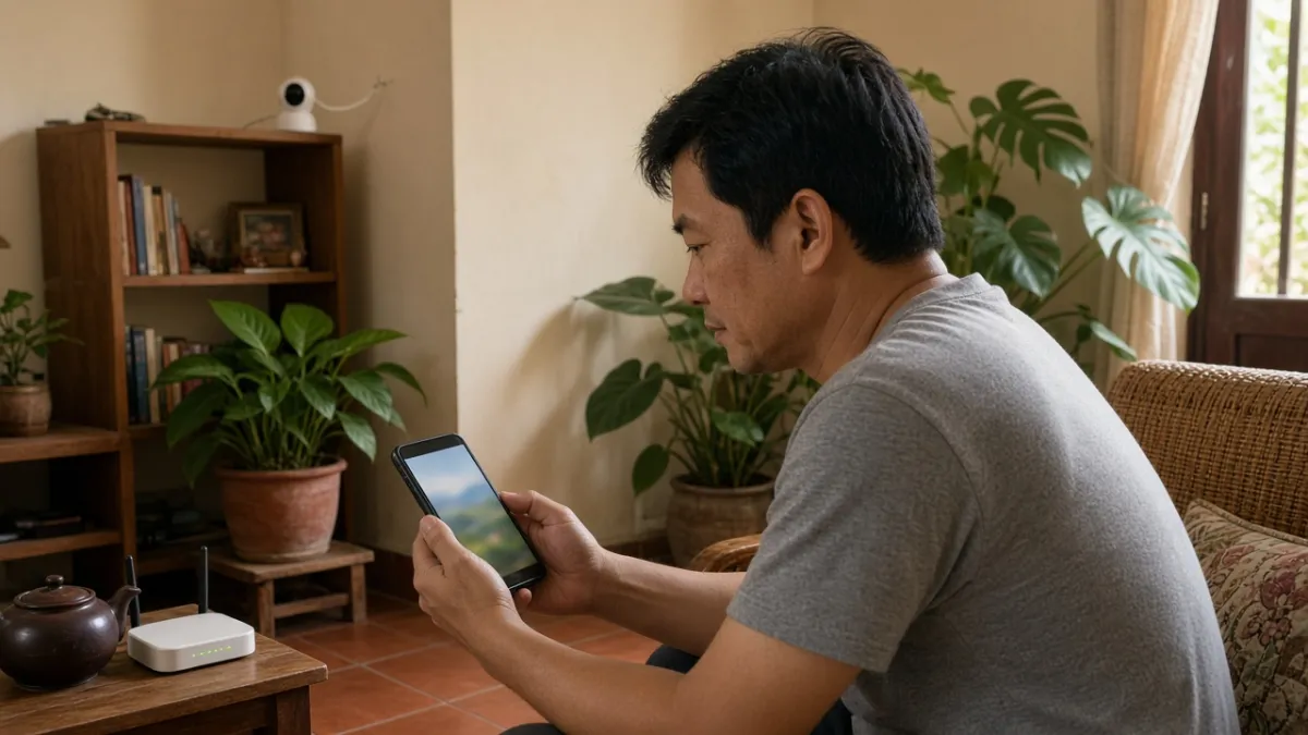 Camera wifi trên kệ phòng khách, chủ nhà xem hình trên điện thoại, không dây tín hiệu, tiện quản lý tại nhà.