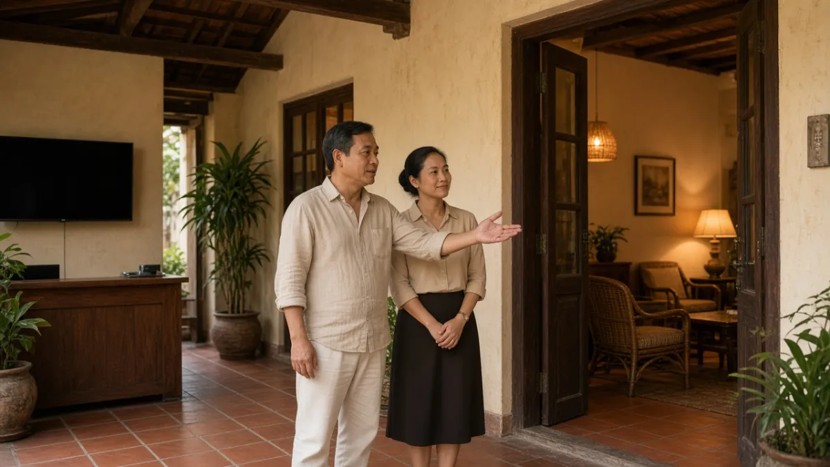 Chủ đầu tư và quản lý khách sạn trao đổi trong sảnh homestay, hướng tới khu vực phục vụ khách.