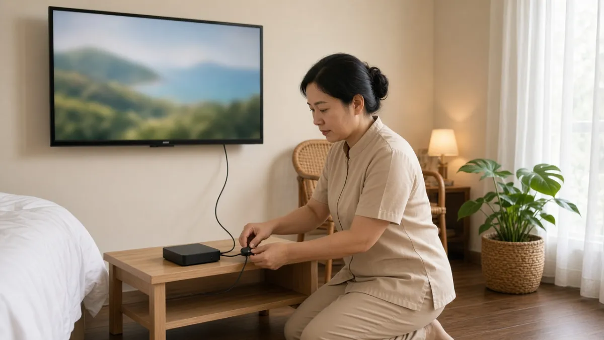Nhân viên khách sạn lắp Android TV Box kết nối HDMI với TV thường trong phòng homestay Việt Nam.