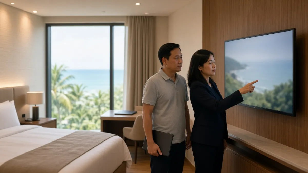 Quản lý và kỹ thuật viên khách sạn kiểm tra TV phòng sau triển khai giải pháp Hotel TV hiện đại.