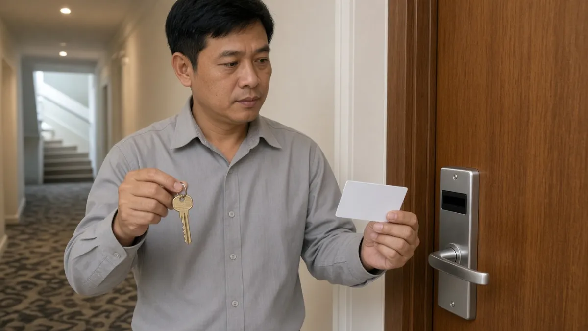 Nhân viên khách sạn cầm chìa khóa cơ và thẻ từ cạnh khóa điện tử trên cửa phòng trong hành lang.