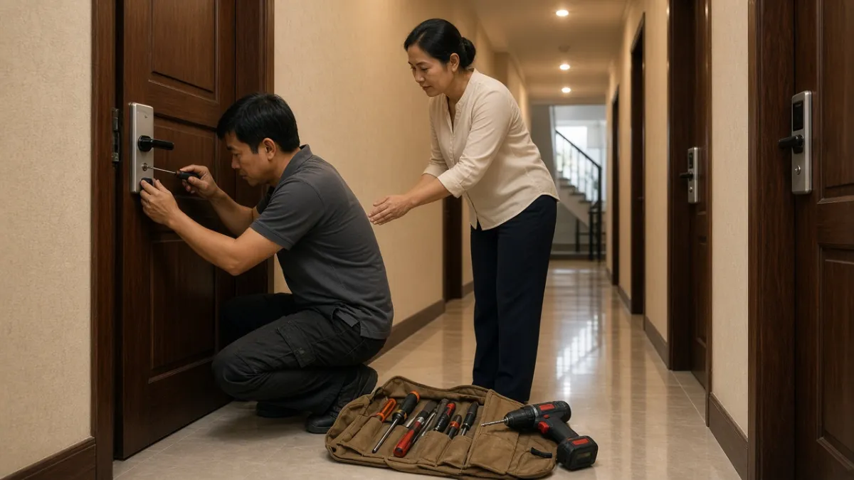 Kỹ thuật viên lắp khóa thẻ từ trên cửa phòng khách sạn, nhân viên theo dõi trao đổi tại hành lang.