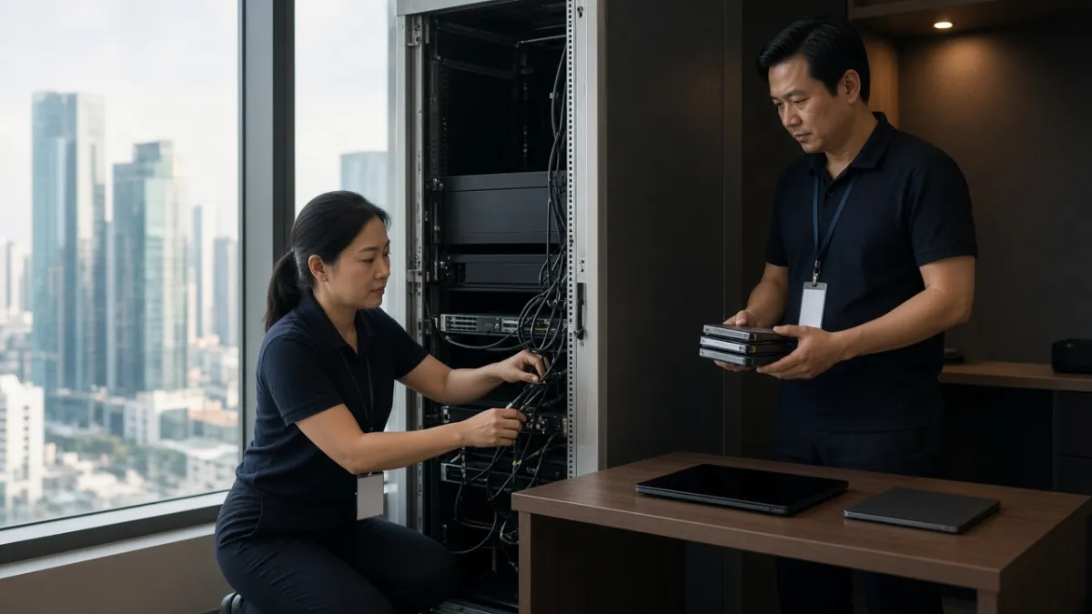 Hai nhân viên IT khách sạn kiểm tra rack máy chủ và ổ cứng sao lưu trong buổi audit bảo mật định kỳ.