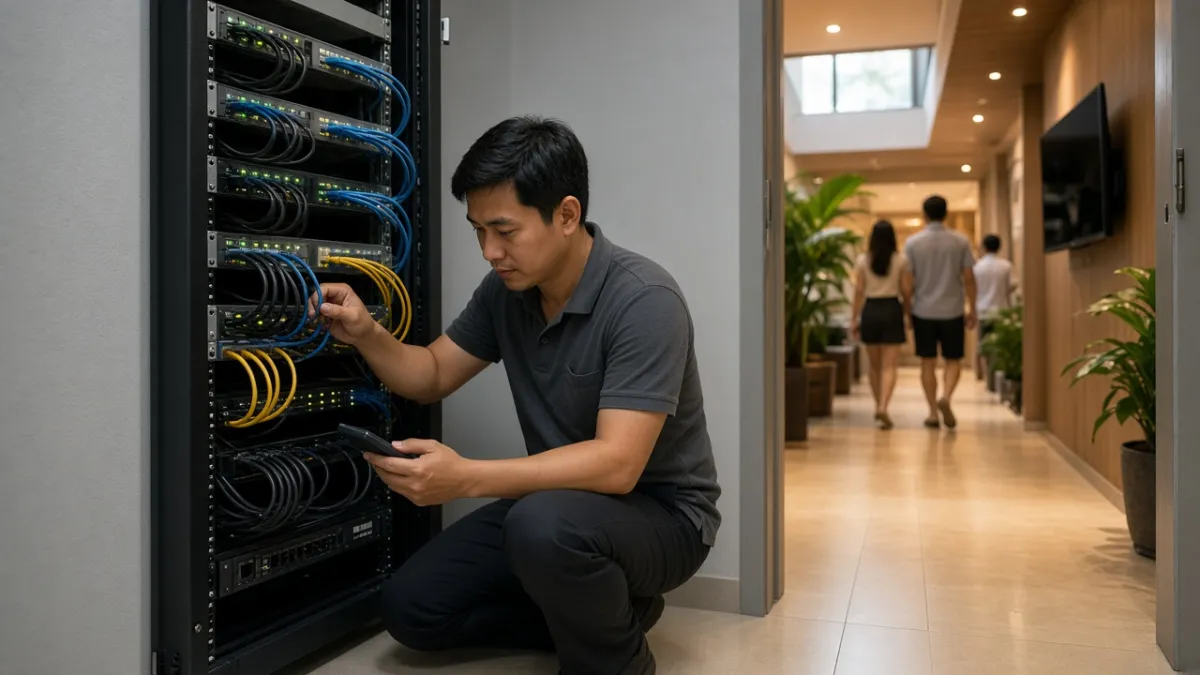 Kỹ thuật viên khách sạn kiểm tra tủ mạng trong khi hành lang phía sau vẫn phục vụ khách bình thường.