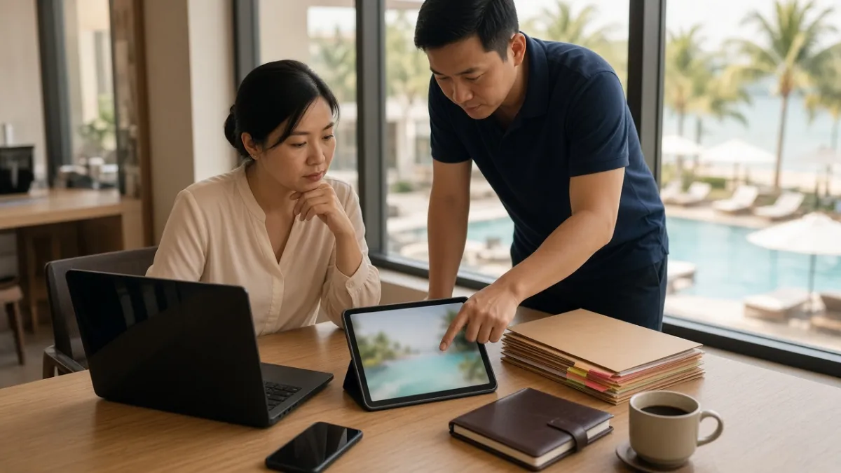 Nhân viên marketing khách sạn tại Đà Nẵng thảo luận chiến lược chăm sóc khách qua nhiều thiết bị số.