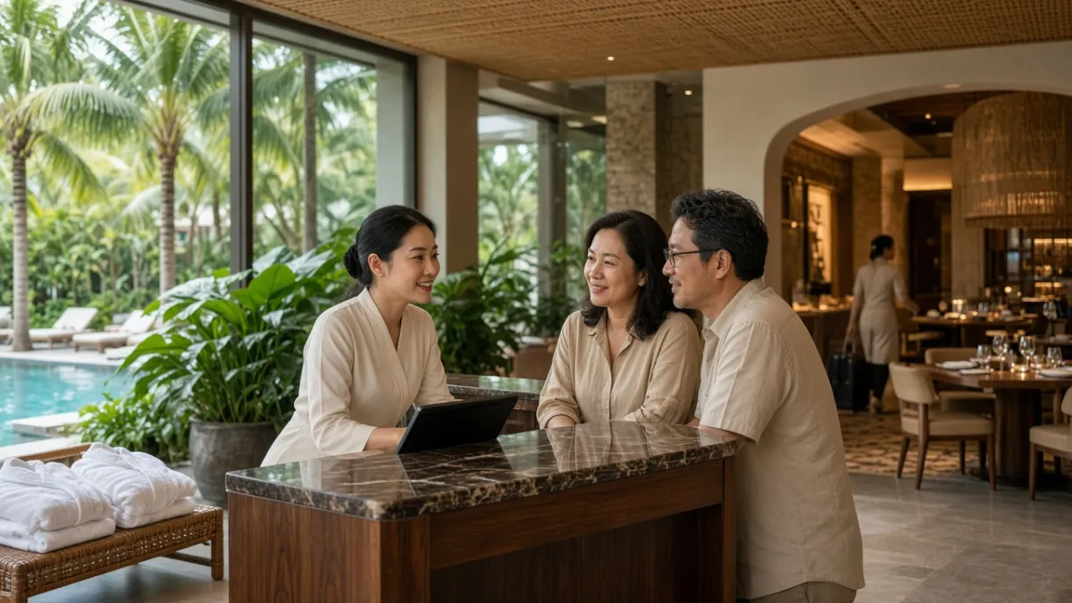 Nhân viên resort chào đón cặp khách thân thiết tại quầy lễ tân, sảnh nhìn ra hồ bơi và khu ẩm thực.