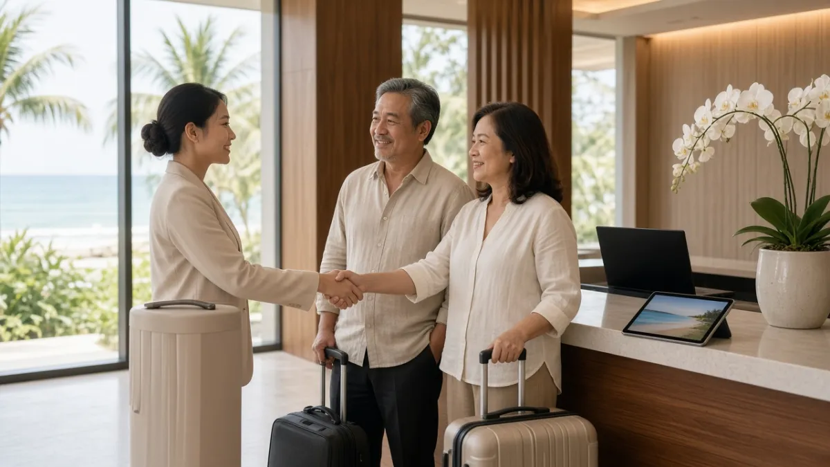 Nhân viên khách sạn bắt tay đón cặp khách quay lại tại sảnh resort ven biển, minh họa CRM giữ chân khách.