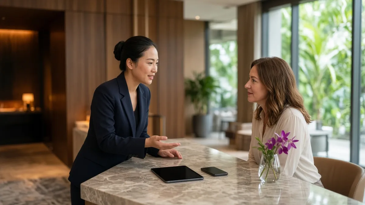 Nhân viên concierge khách sạn Việt Nam hỗ trợ khách tại quầy lễ tân hiện đại, thể hiện dịch vụ cá nhân hóa mượt mà.