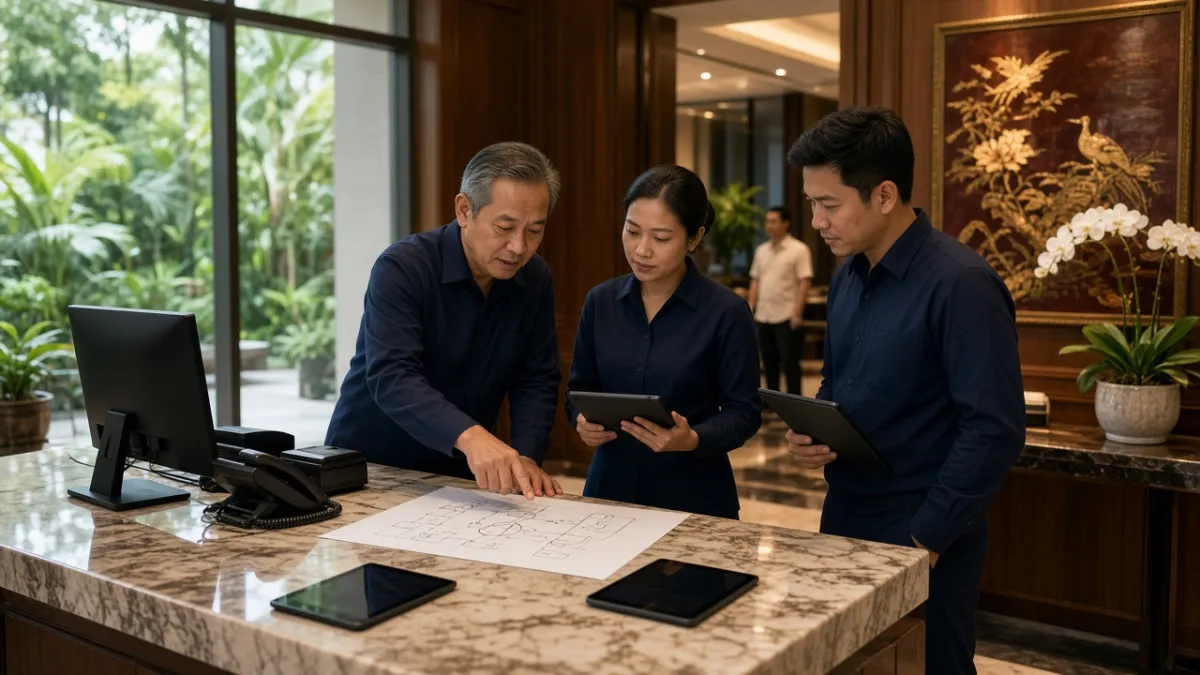 Nhân viên concierge khách sạn Việt Nam được đào tạo sử dụng tablet tại quầy lễ tân hiện đại.