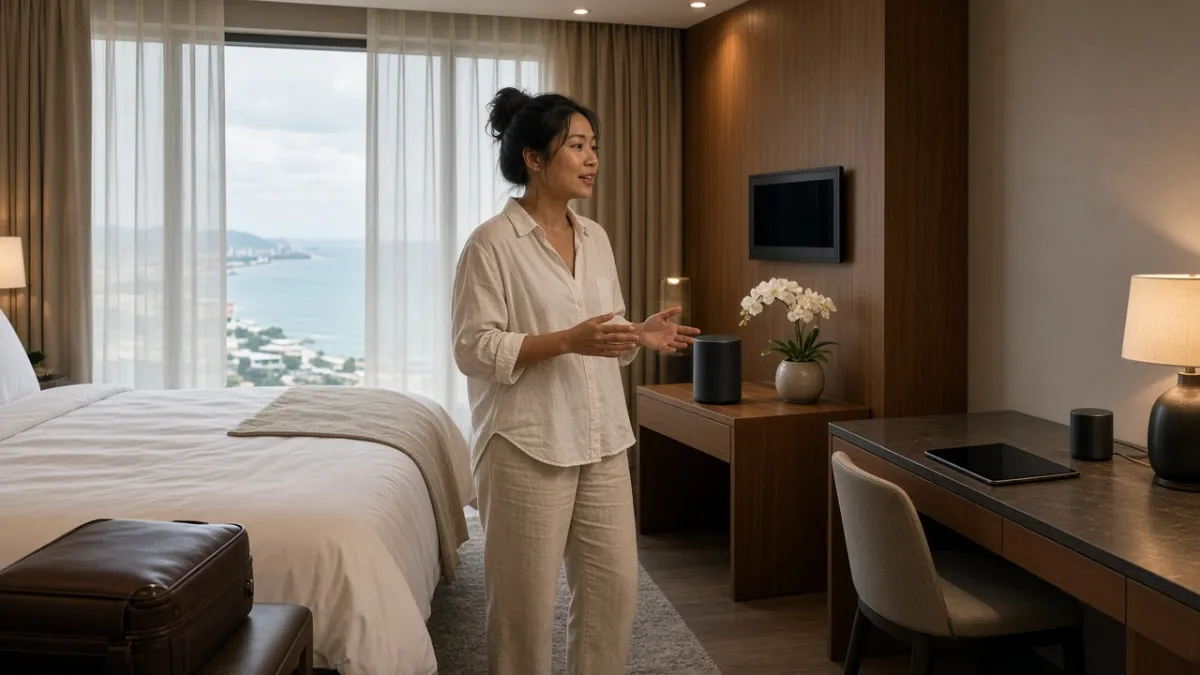 Khách nói với loa thông minh trong phòng suite ven biển, minh họa concierge AI điều khiển phòng bằng giọng nói.