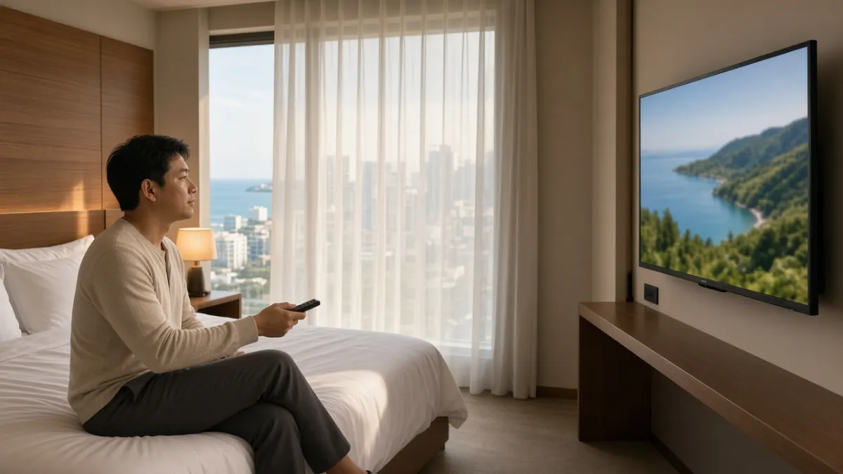 Khách nam trong phòng khách sạn hiện đại nhìn TV treo tường, minh họa phần mềm IPTV khách sạn.