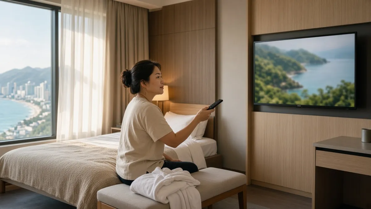 Khách nữ trong phòng khách sạn ven biển Đà Nẵng cầm điều khiển TV, minh họa điểm chạm đầu với hệ thống IPTV trong phòng.