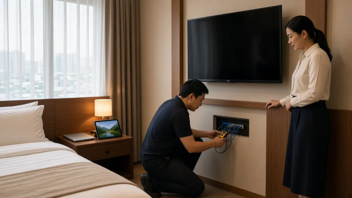 Kỹ thuật viên khảo sát hệ thống TV và mạng trong phòng khách sạn Việt Nam trước khi triển khai IPTV.