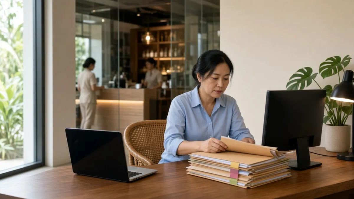 Kế toán khách sạn Việt Nam làm việc với hồ sơ tài chính tại phòng hành chính, nhìn ra khu lễ tân và nhà hàng.