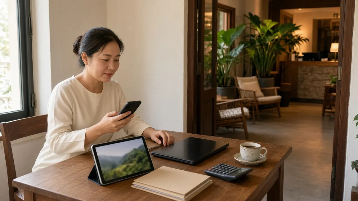 Nhân viên khách sạn boutique làm kế toán bằng điện thoại và máy tính bảng tại văn phòng hành chính nhỏ.