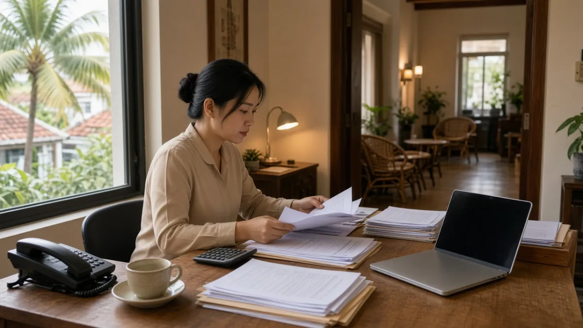 Nhân viên tài chính khách sạn nhỏ ở Đà Nẵng sắp xếp hóa đơn, chi phí và hồ sơ kế toán tại bàn làm việc.