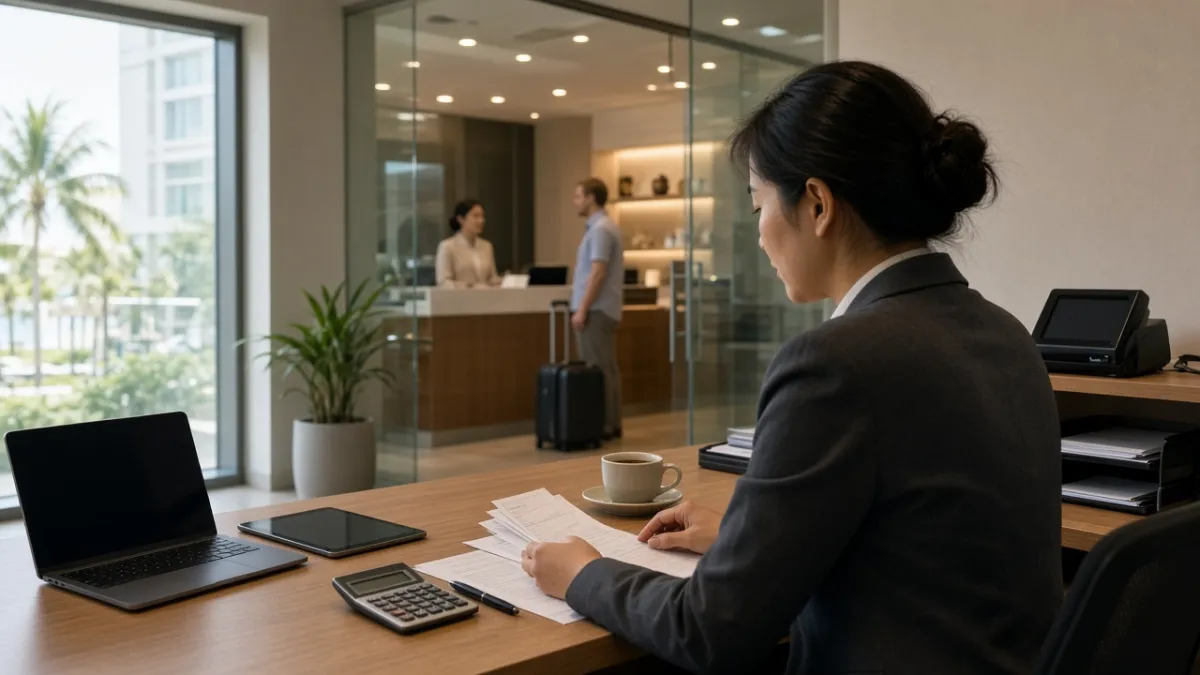 Nhân viên tài chính khách sạn Đà Nẵng kiểm tra hóa đơn trong văn phòng hiện đại, gợi ý kế toán đám mây tích hợp.