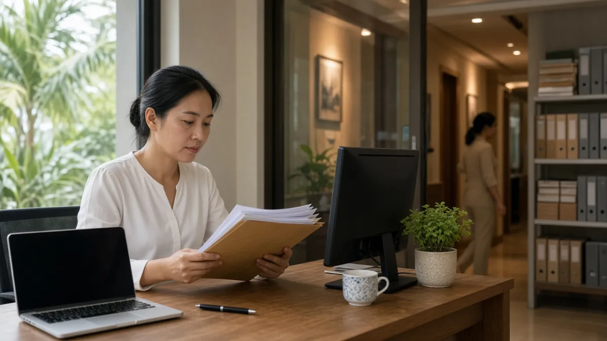 Kế toán khách sạn Việt Nam sắp xếp hồ sơ tài chính tại phòng hành chính, laptop và màn hình tắt.