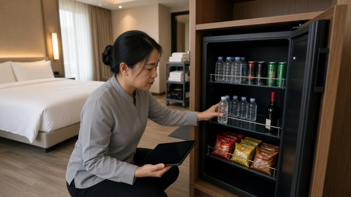Nhân viên buồng phòng kiểm kê minibar bằng máy tính bảng trong phòng khách sạn hiện đại tại Việt Nam.