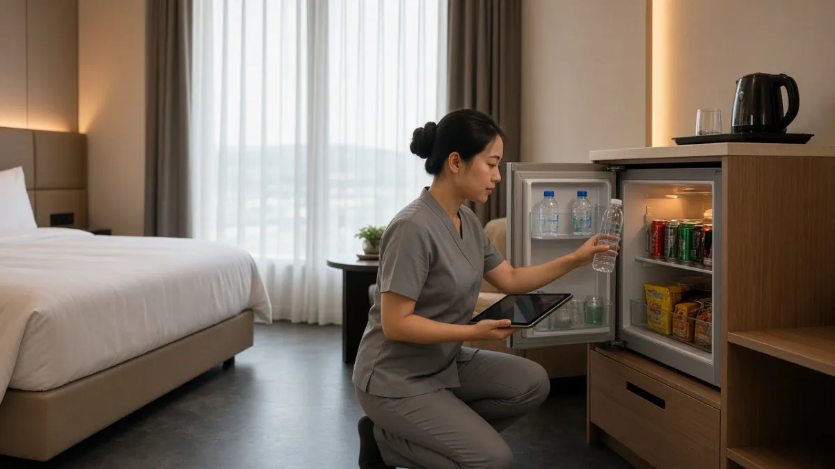 Nhân viên buồng phòng kiểm kê minibar bằng máy tính bảng trong phòng nghỉ khách sạn hiện đại.
