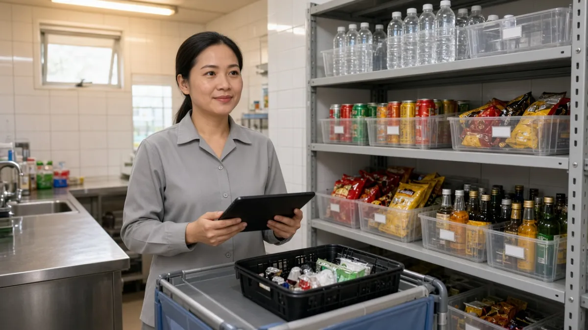 Nhân viên khách sạn kiểm kê minibar trong kho tiện ích phòng, quy trình vận hành gọn gàng và hiệu quả.
