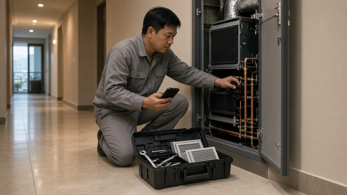 Kỹ thuật viên khách sạn kiểm tra thiết bị kỹ thuật, cầm điện thoại để cập nhật bảo trì ngay tại hiện trường.