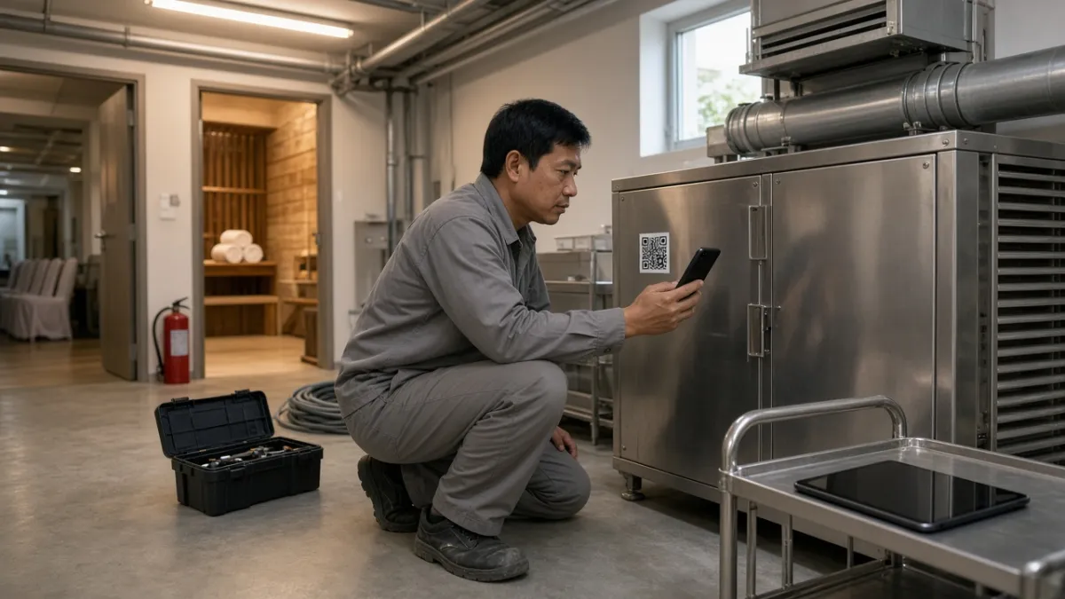 Kỹ thuật viên khách sạn quét mã QR trên thiết bị HVAC tại hành lang kỹ thuật, hậu cảnh spa và hội trường.