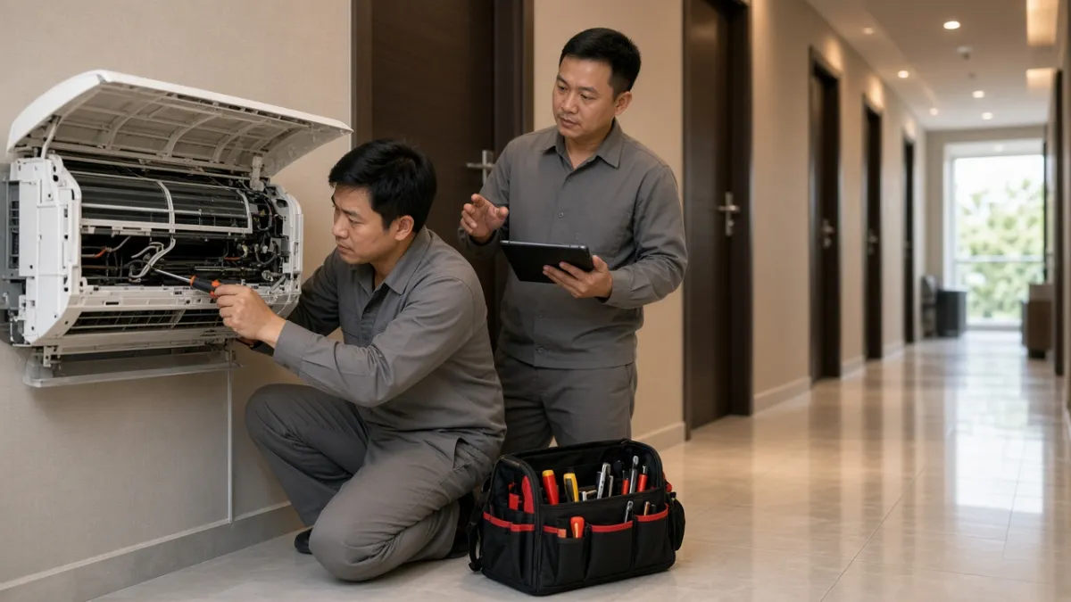 Hai kỹ thuật viên khách sạn kiểm tra điều hòa định kỳ tại hành lang, phối hợp qua máy tính bảng để bảo trì chủ động.