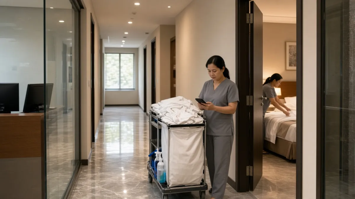 Nhân viên buồng phòng cập nhật tiến độ dọn phòng trên điện thoại trong hành lang khách sạn hiện đại tại Việt Nam.