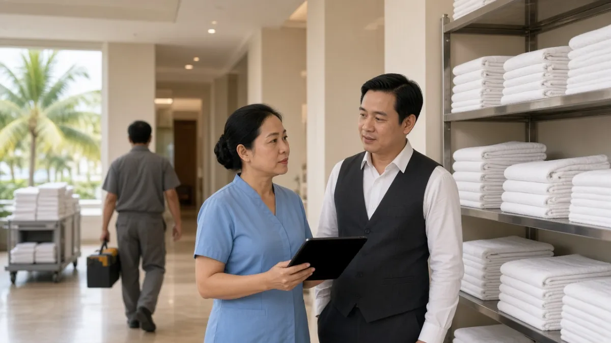 Giám sát buồng phòng và lễ tân trao đổi tại khu vực giặt ủi khách sạn resort Đà Nẵng, phối hợp vận hành theo thời gian thực.
