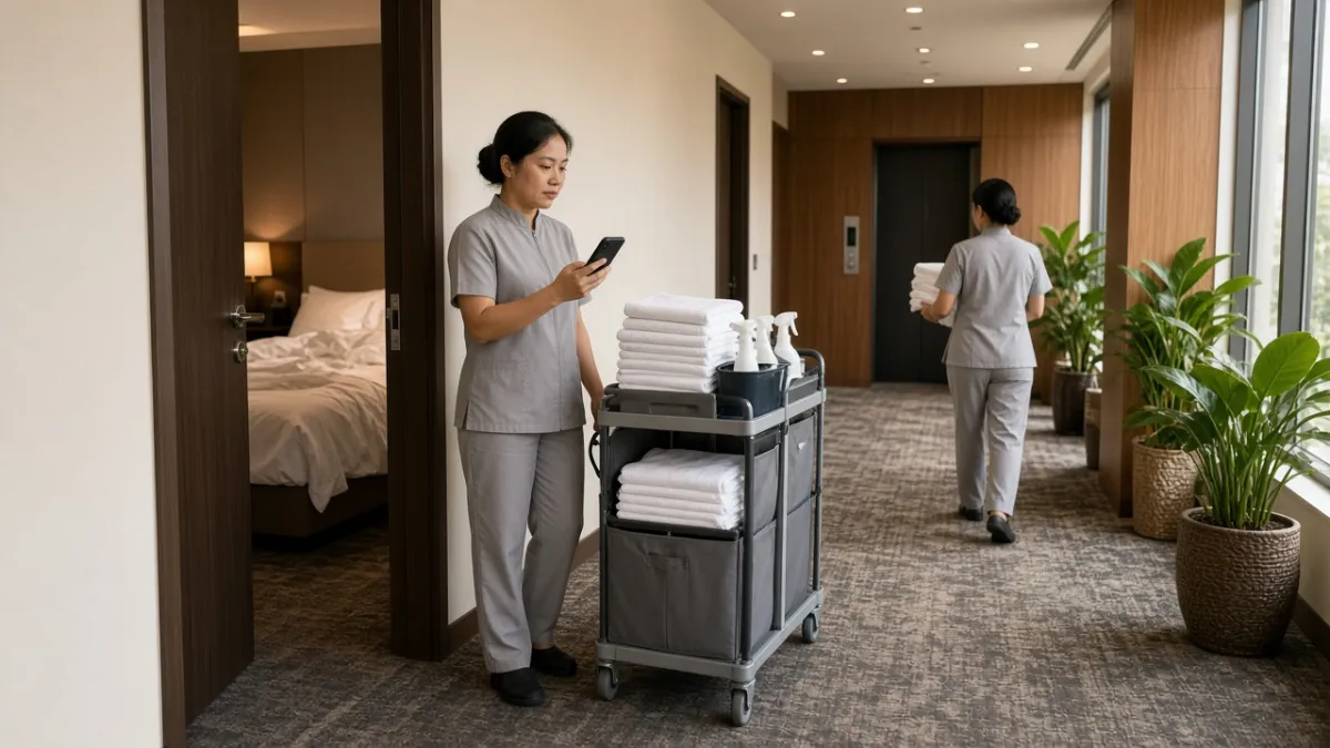 Nhân viên buồng phòng khách sạn Việt Nam cầm điện thoại cập nhật trạng thái phòng tại hành lang.