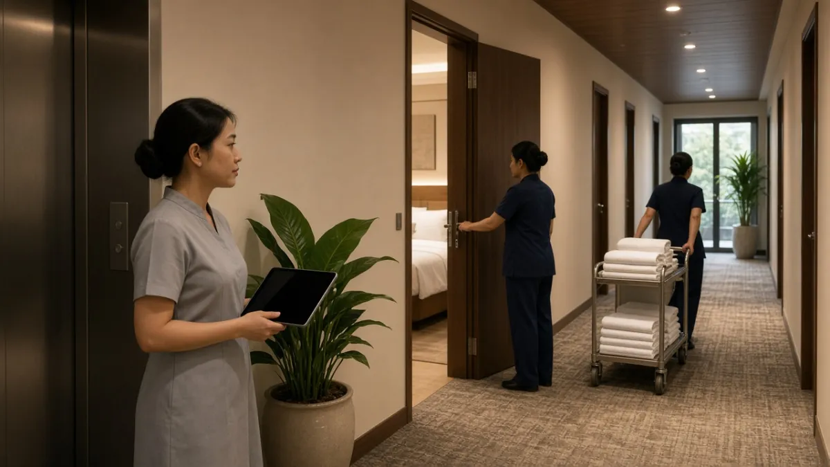 Giám sát buồng phòng điều phối nhân viên dọn phòng trên hành lang khách sạn, cập nhật phòng sẵn sàng nhanh hơn.