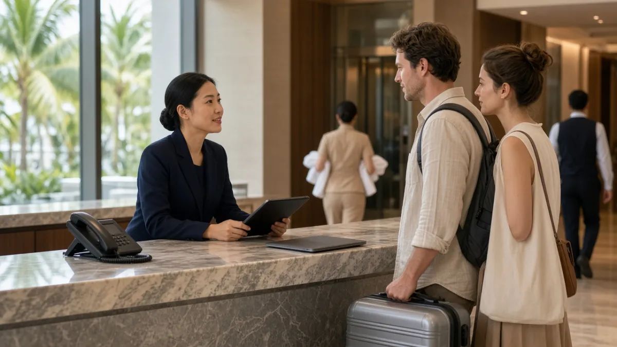 Nhân viên concierge khách sạn Đà Nẵng hỗ trợ khách, phối hợp nội bộ qua máy tính bảng tại quầy lễ tân.