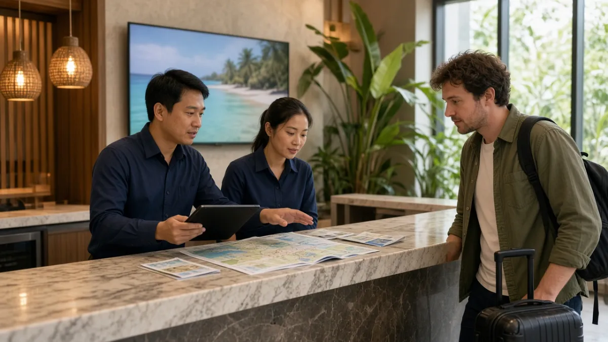 Nhân viên concierge tại quầy lễ tân khách sạn cao cấp Việt Nam hỗ trợ khách với bản đồ và máy tính bảng.